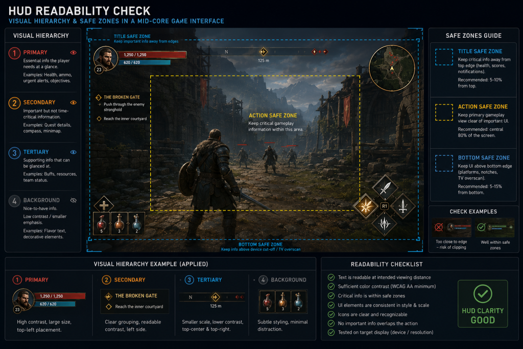 HUD readability check showing visual hierarchy and safe zones in a mid-core game interface