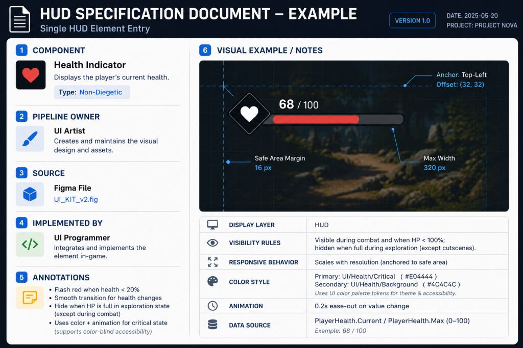 HUD Spec Document Example Alt: Game HUD specification document example with component list pipeline owner and annotation fields