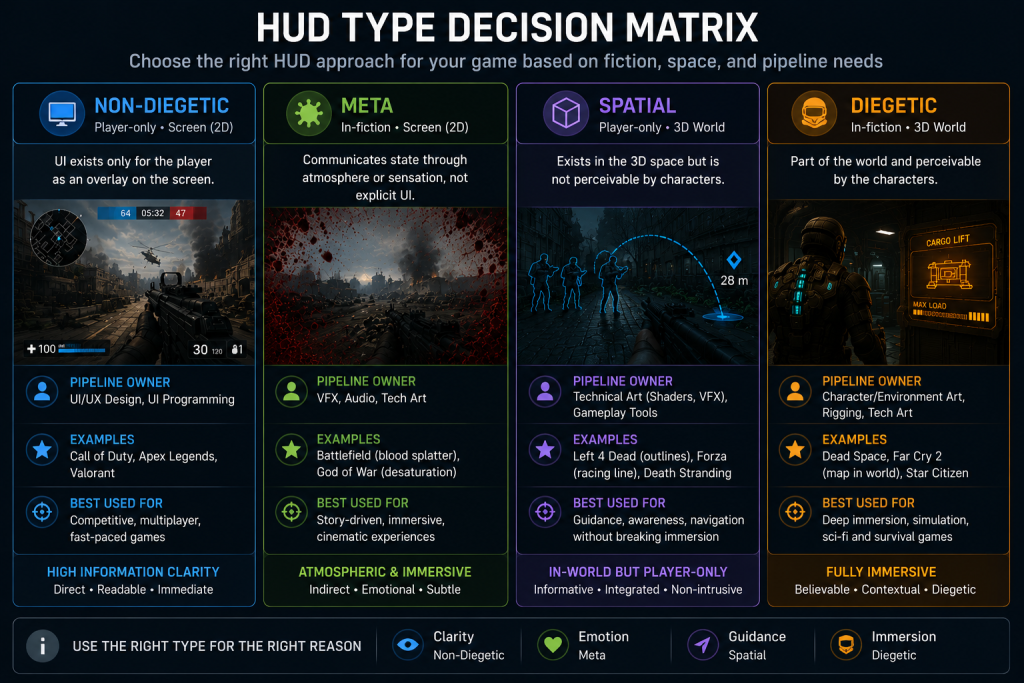 HUD Type Decision Matrix Alt: Decision matrix for selecting game HUD type by genre immersion level and production pipeline requirements