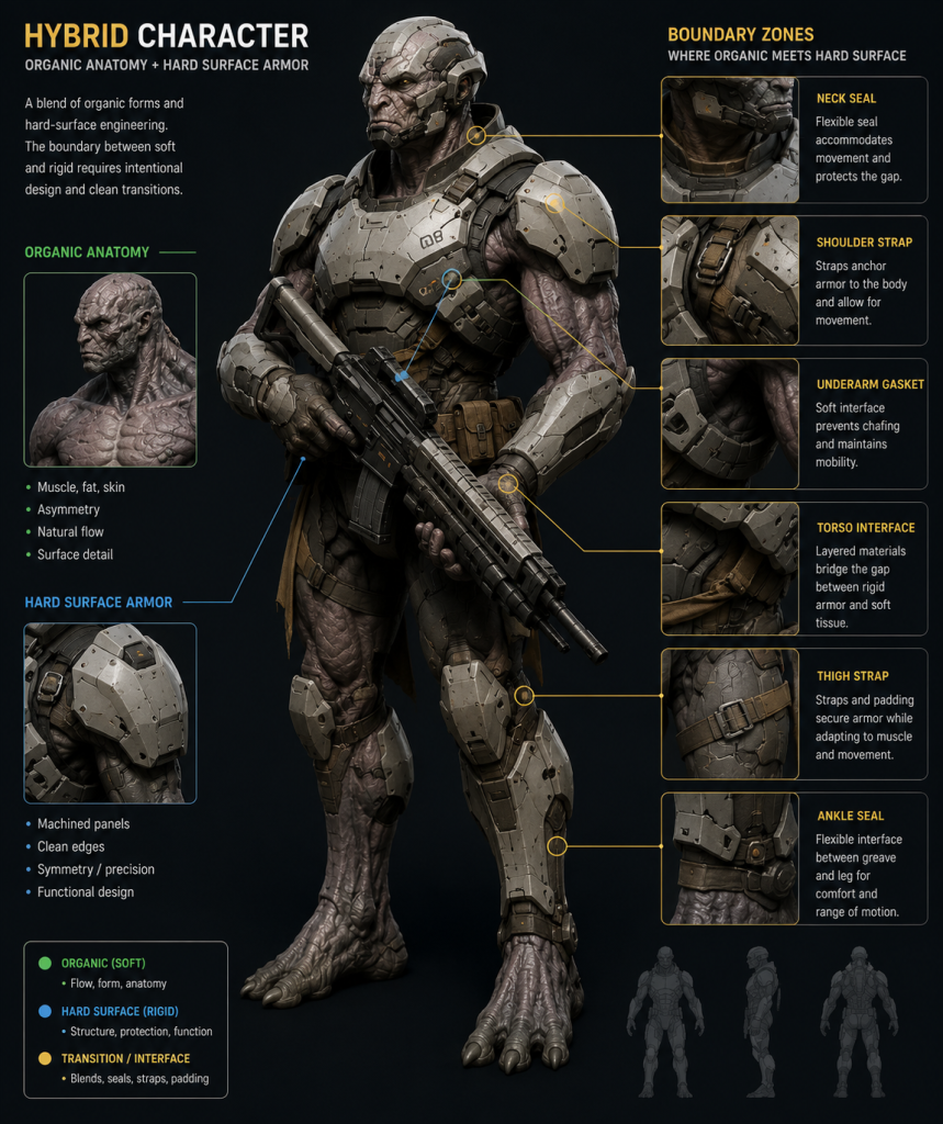 Hybrid game character combining organic anatomy with hard surface armor plates and a rifle