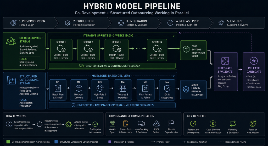Hybrid Model Pipeline Alt: Hybrid production pipeline diagram combining co-development and outsourcing streams in parallel