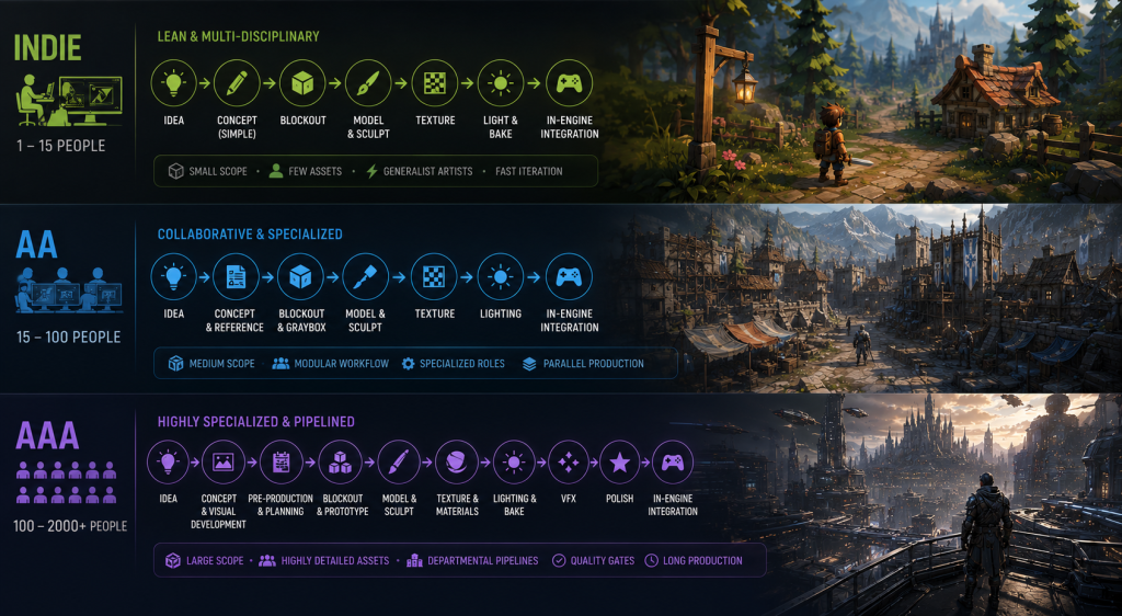 Art production pipeline differences across indie, AA, and AAA game development tiers