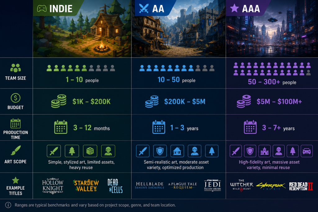Comparison of indie, AA, and AAA game production pipelines — team size, budget, and art scope