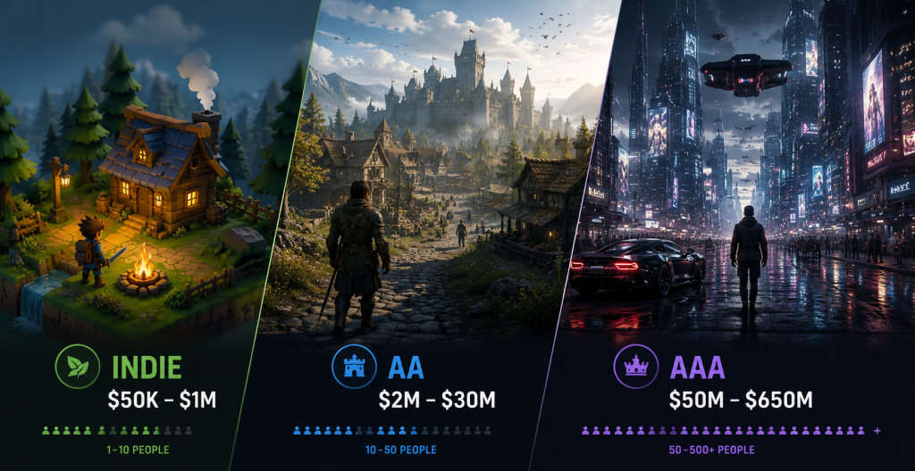 Budget ranges for indie ($50K–$1M), AA ($2M–$30M), and AAA ($50M–$650M) game development in 2025