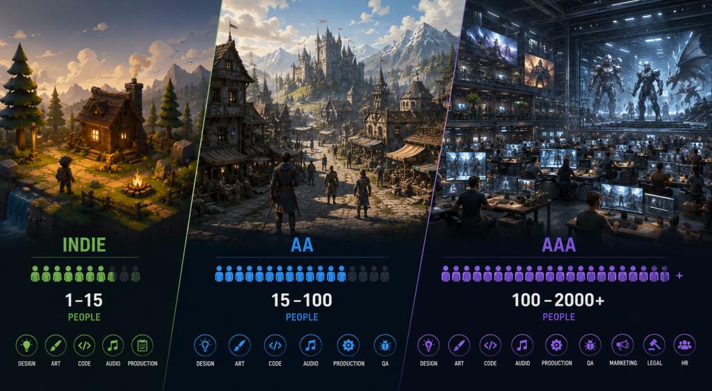 Team size breakdown: indie 1–15 people, AA 15–100 people, AAA 100–2000+ across departments