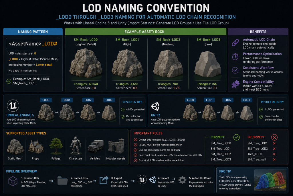 LOD naming convention diagram — _LOD0 through _LOD3 naming for automatic UE5 and Unity LOD chain recognition