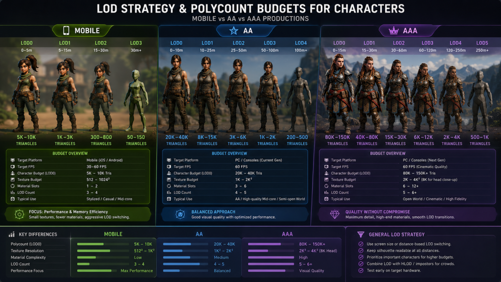 LOD strategy and polycount budgets for characters across mobile, AA, and AAA productions