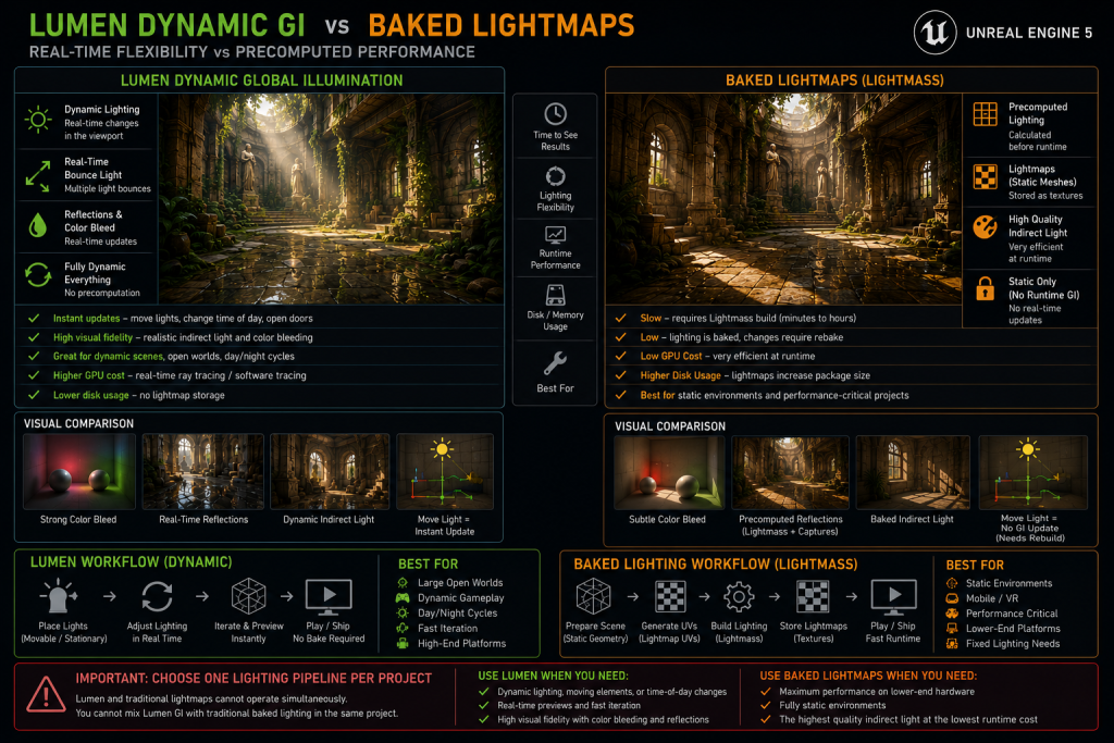 Comparison of Lumen dynamic GI versus baked lightmaps in Unreal Engine art pipelines