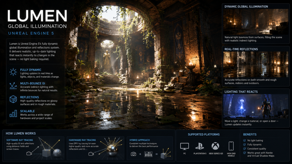 Lumen global illumination in Unreal Engine 5 — dynamic lighting and reflections in a game environment