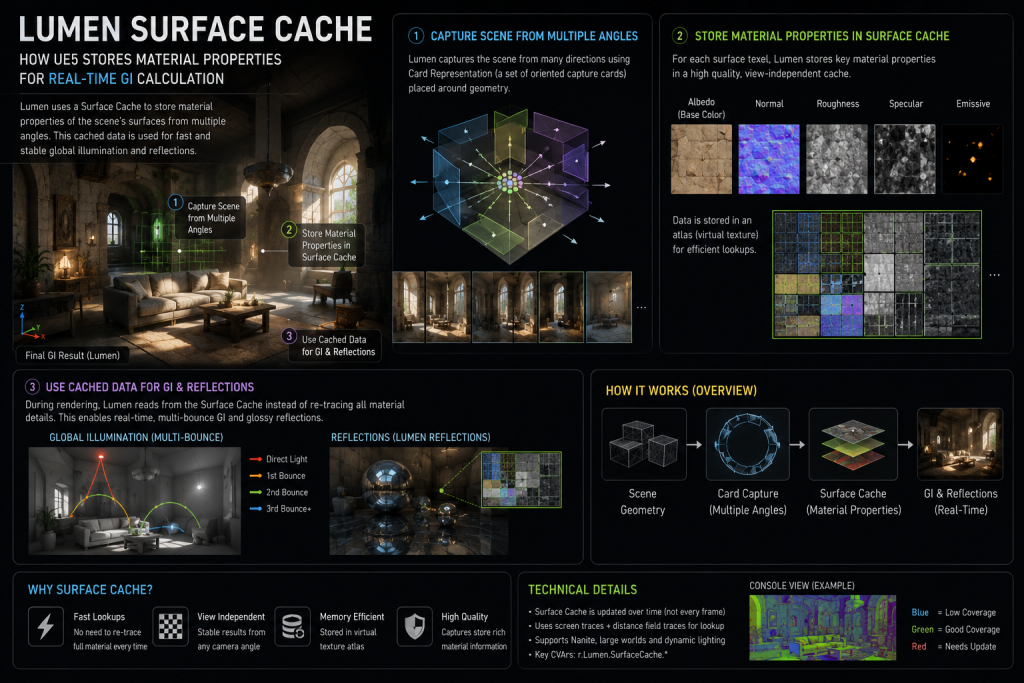 Lumen Surface Cache — how UE5 stores material properties for real-time GI calculation