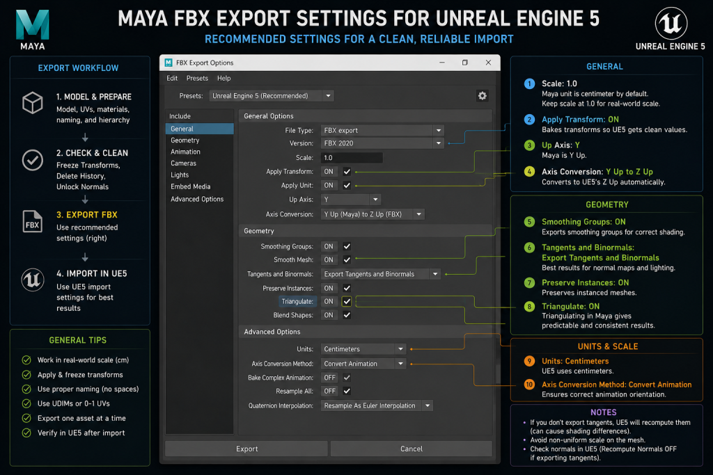 Maya FBX export settings for Unreal Engine 5 — smoothing groups, tangents, scale, and axis options