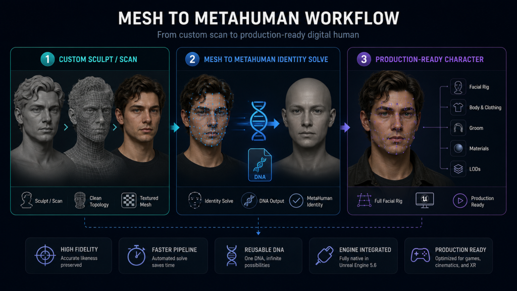 Image 3 — Mesh to MetaHuman Workflow Diagram Alt: Mesh to MetaHuman workflow diagram showing scan to DNA solve to production-ready character pipeline