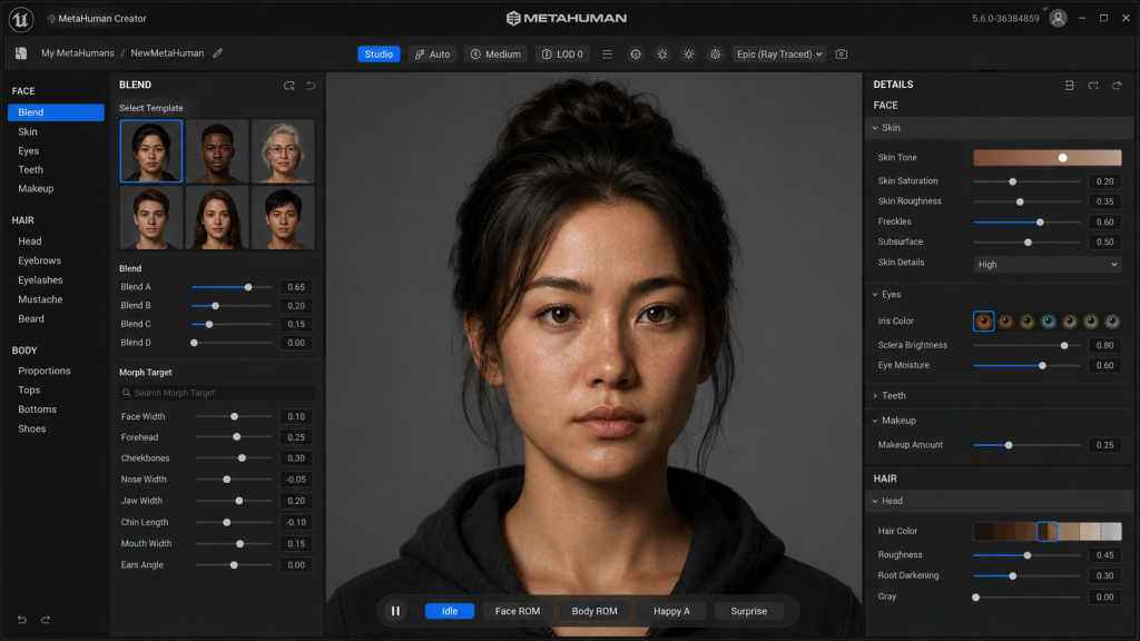 Image 2 — MetaHuman Creator Interface Alt: MetaHuman Creator interface in Unreal Engine 5.6 showing facial blending and customization controls