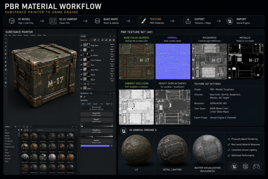 PBR material workflow in Substance Painter — albedo, roughness, normal map texture channels