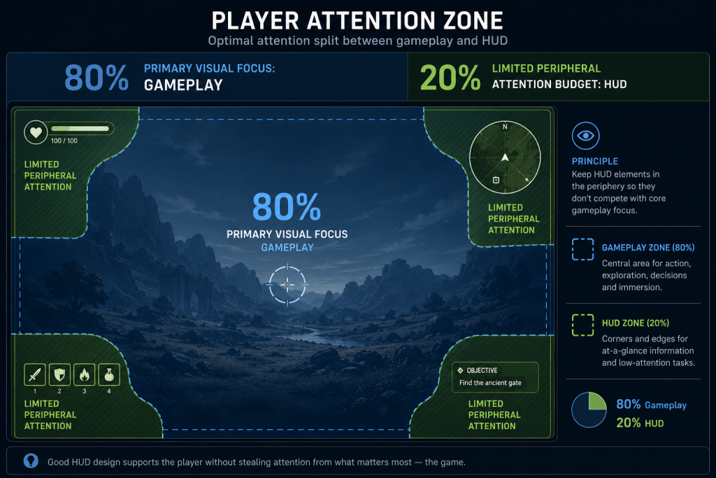 Attention Zone Diagram Alt: Player attention zone diagram showing 80 percent gameplay focus and 20 percent HUD attention split