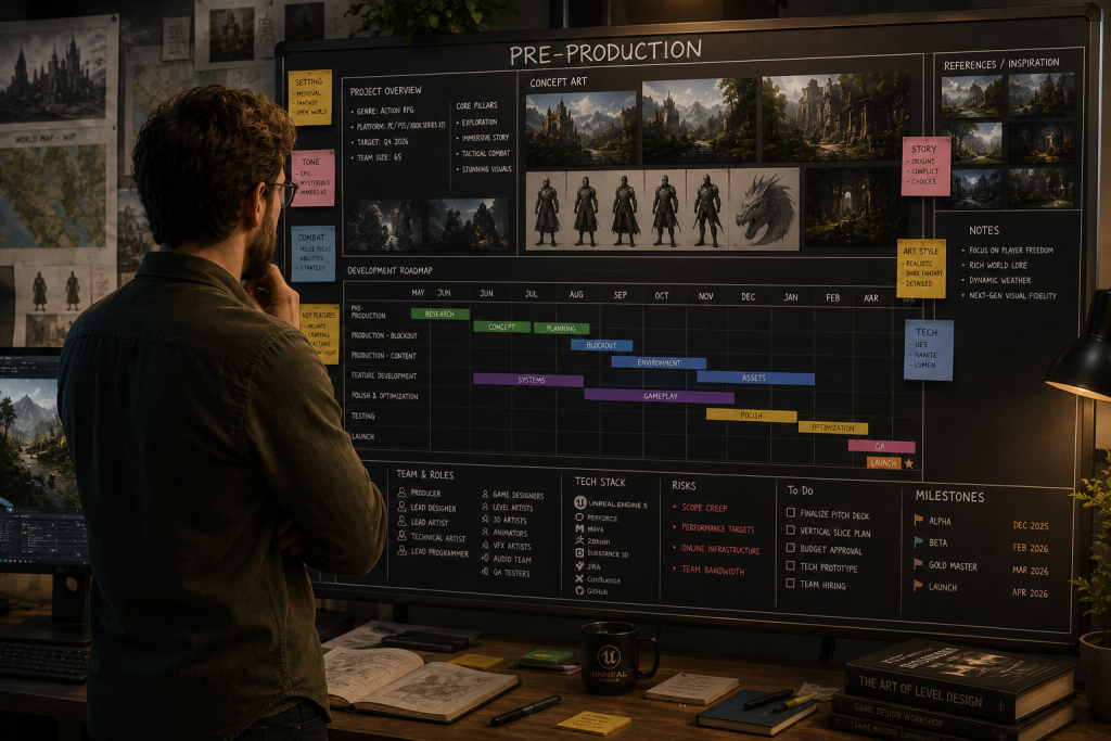Producer reviewing the pre-production phase in game development on a planning board with concept art and a schedule