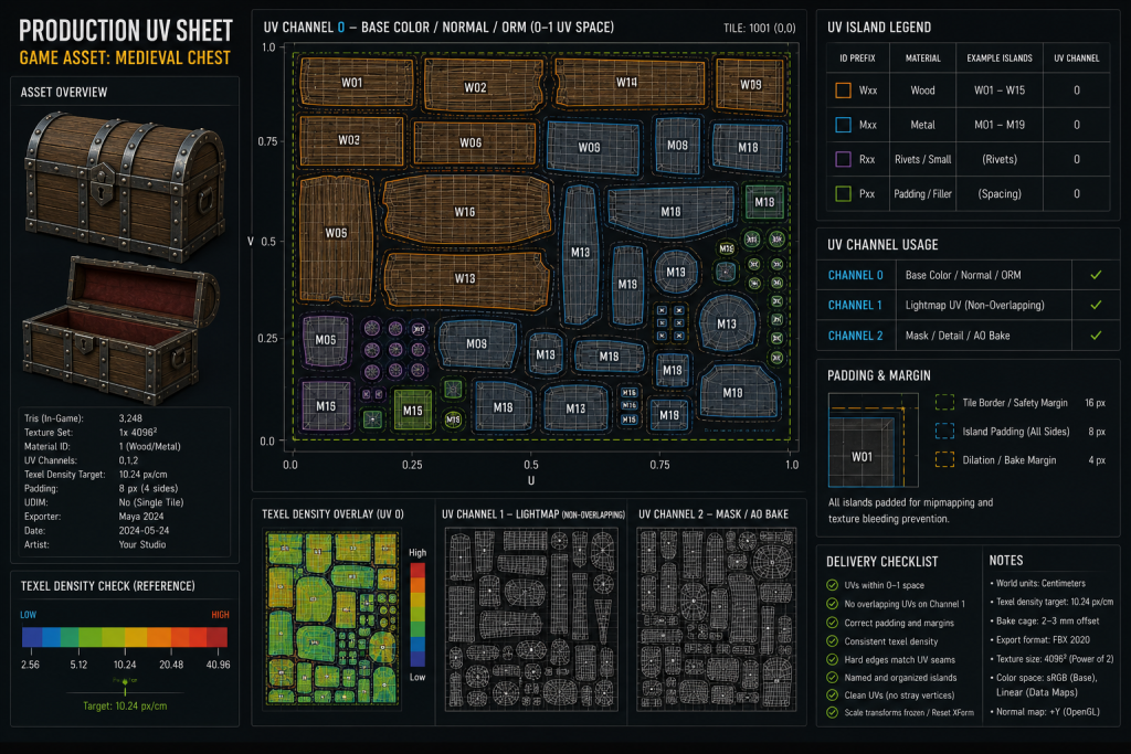 Production-ready UV layout sheet for a game asset showing labeled UV islands, texel density notation, padding and UV channel assignment