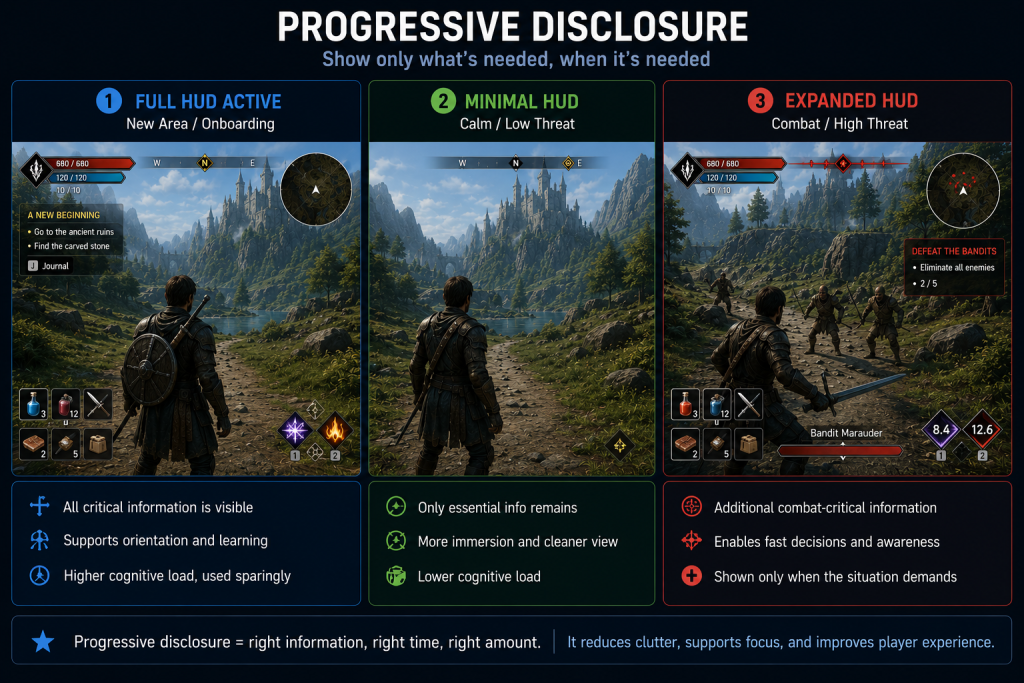 Progressive Disclosure Alt: Progressive disclosure HUD design diagram showing contextual information reveal during gameplay states