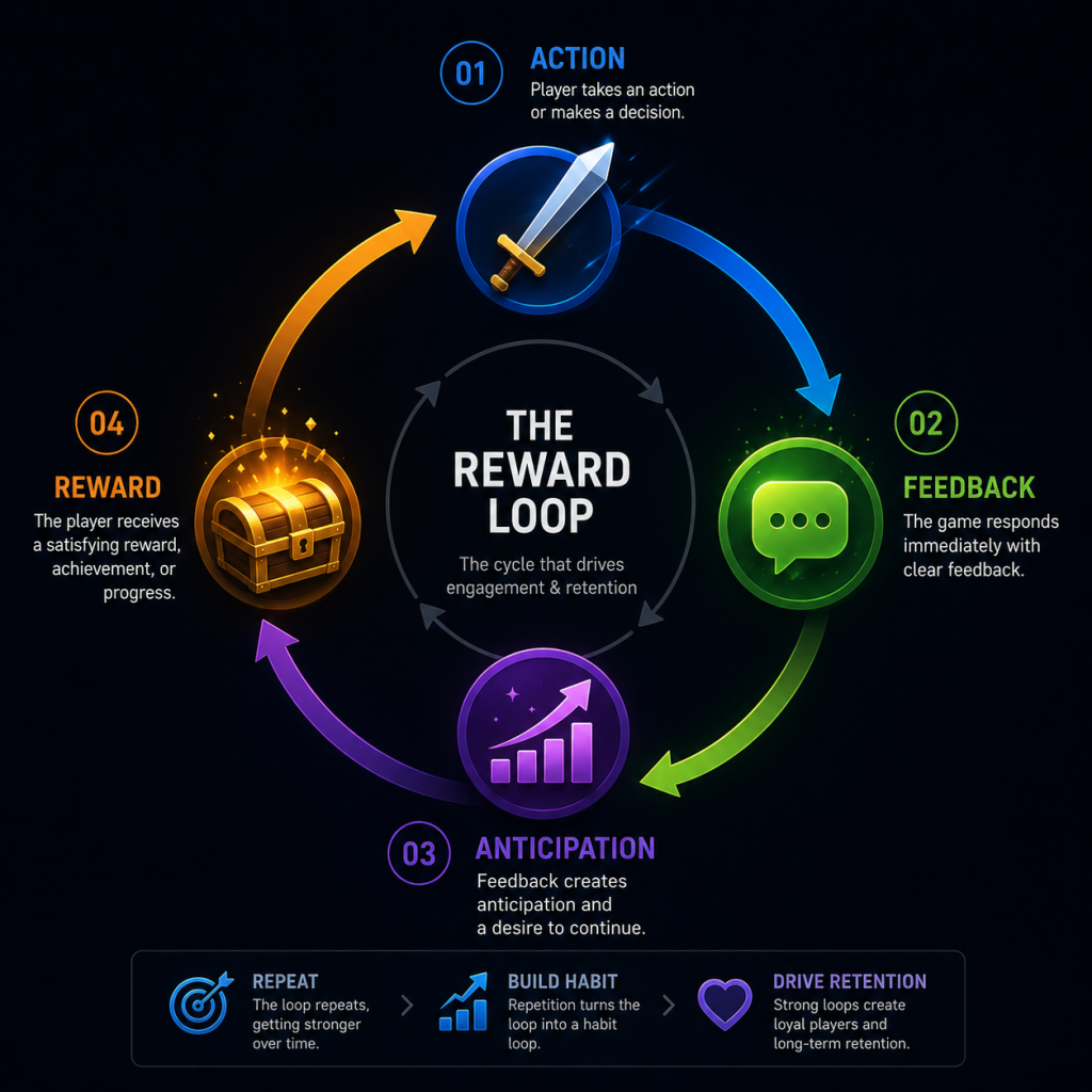 Reward loop cycle diagram illustrating action, feedback, anticipation and reward phases in game UX design and player retention