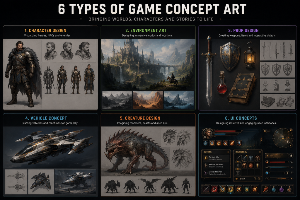 Six types of game concept art including character design, environment art, prop design, vehicle concept, creature design and UI concepts