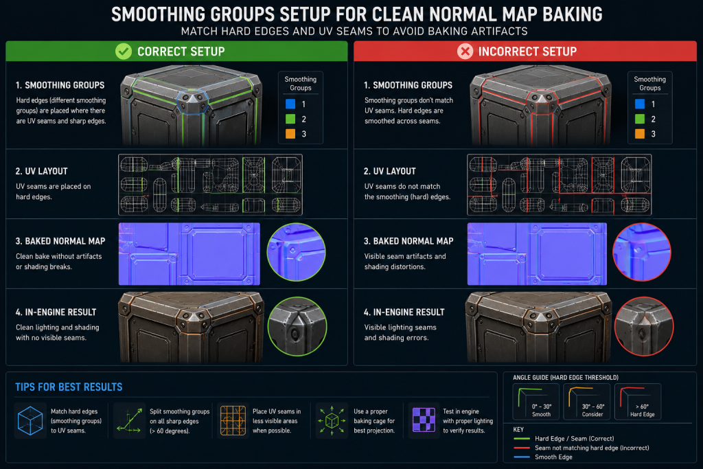 Correct vs incorrect smoothing group setup for normal map baking — seam artifact comparison