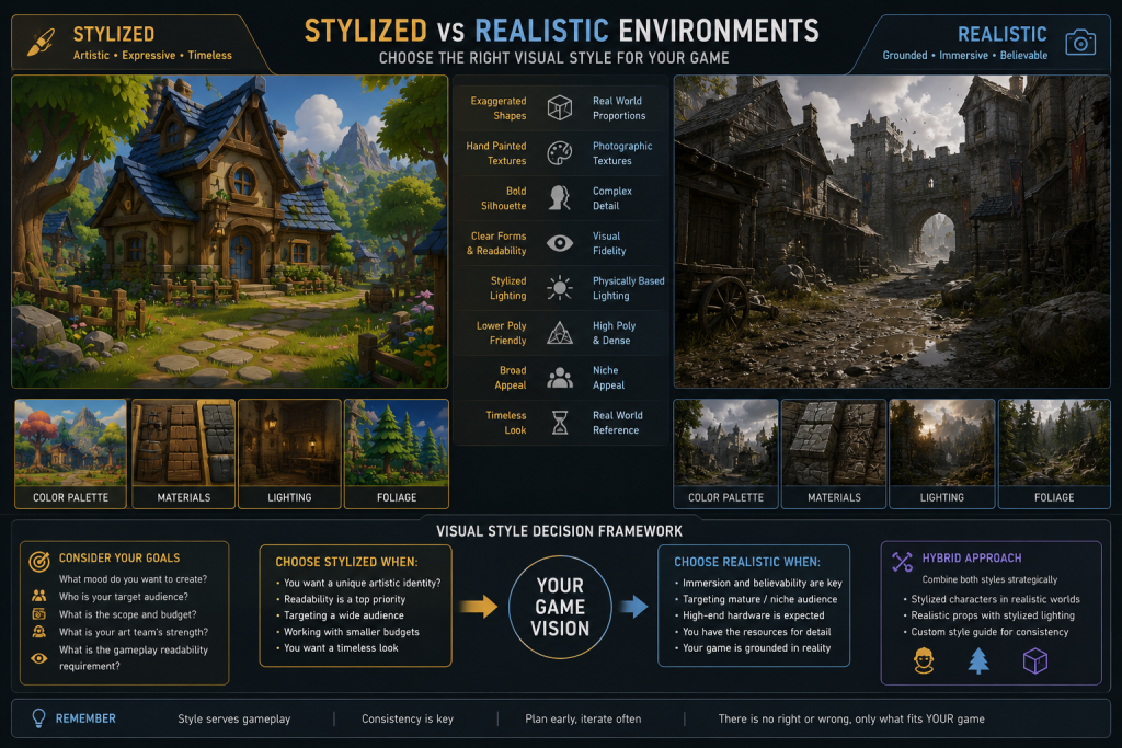 Stylized versus realistic 3D game environment comparison — visual style decision framework