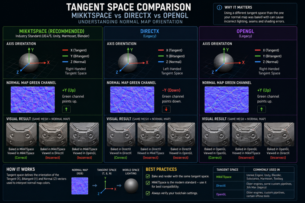 MikkTSpace vs DirectX vs OpenGL tangent space orientation in normal map baking