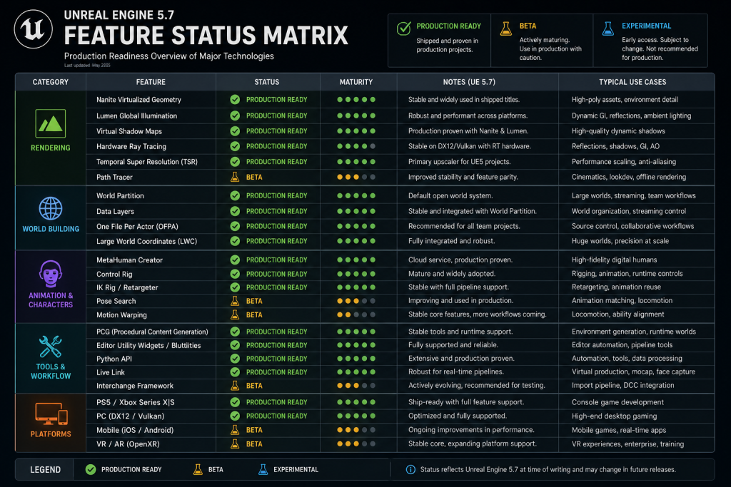 Unreal Engine 5 feature status matrix showing production-ready, beta, and experimental status of major technologies as of UE5.7