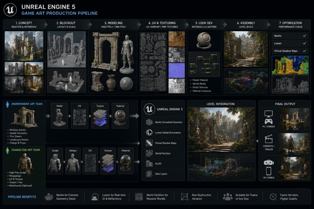 Unreal Engine 5 game art production pipeline diagram showing Nanite-ready asset workflow for environment and character teams