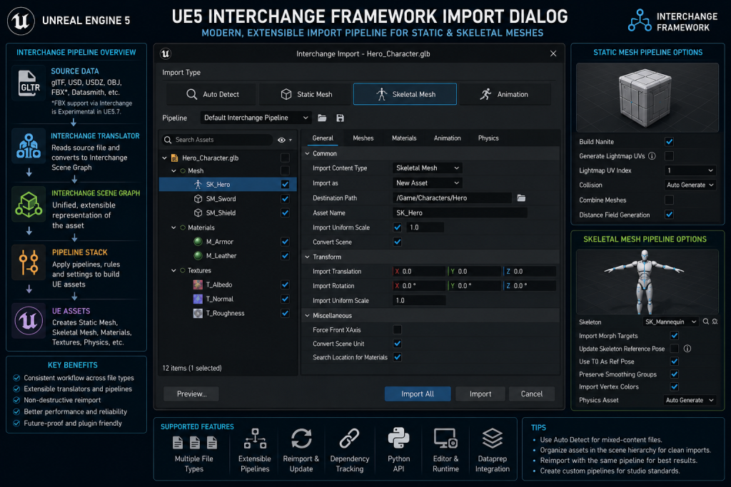 UE5 Interchange Framework import dialog — static mesh and skeletal mesh pipeline options