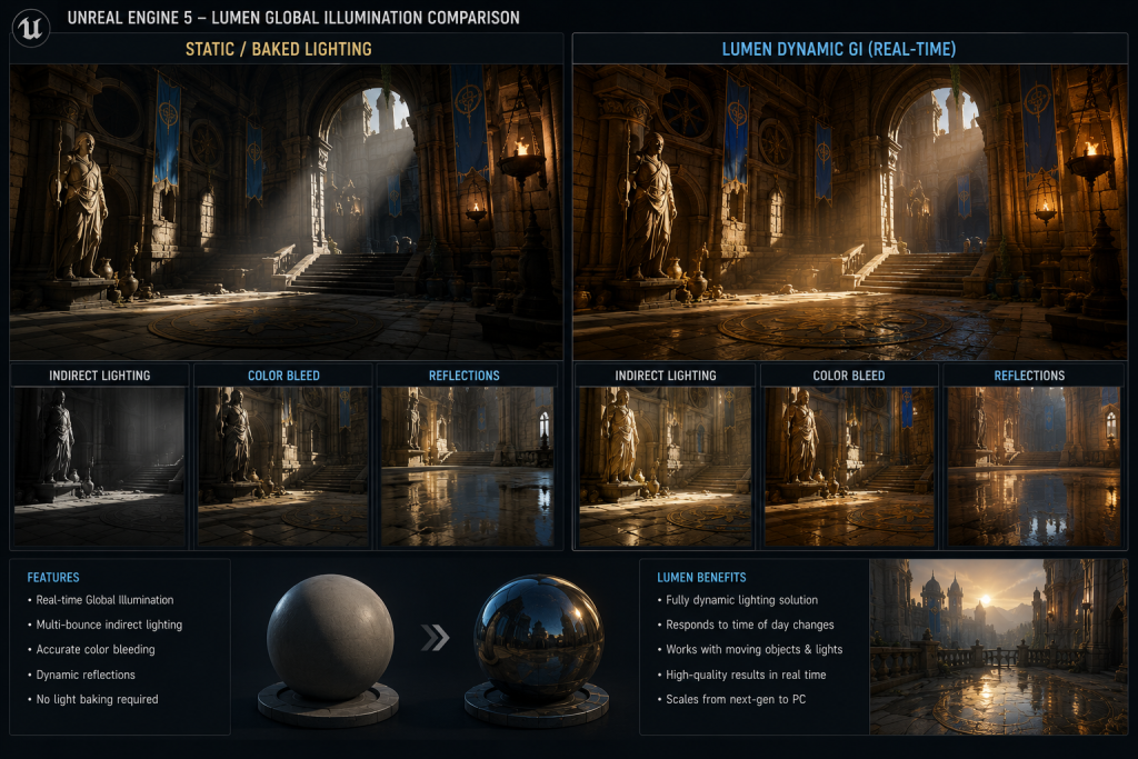 Lumen global illumination comparison in Unreal Engine 5 showing dynamic indirect lighting and reflections versus static baked lightin
