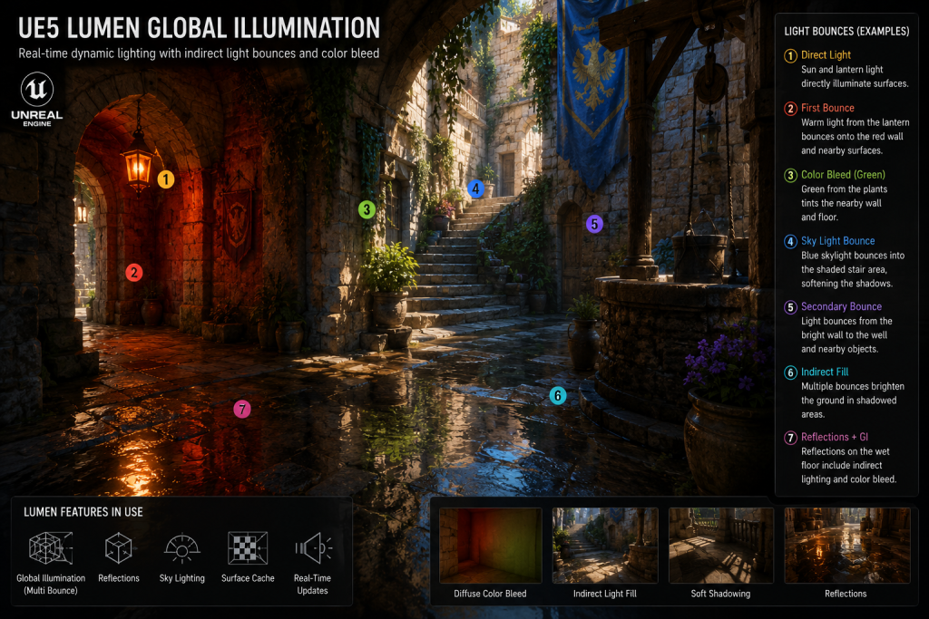 Game environment lit with UE5 Lumen showing color bleed and indirect light bounces