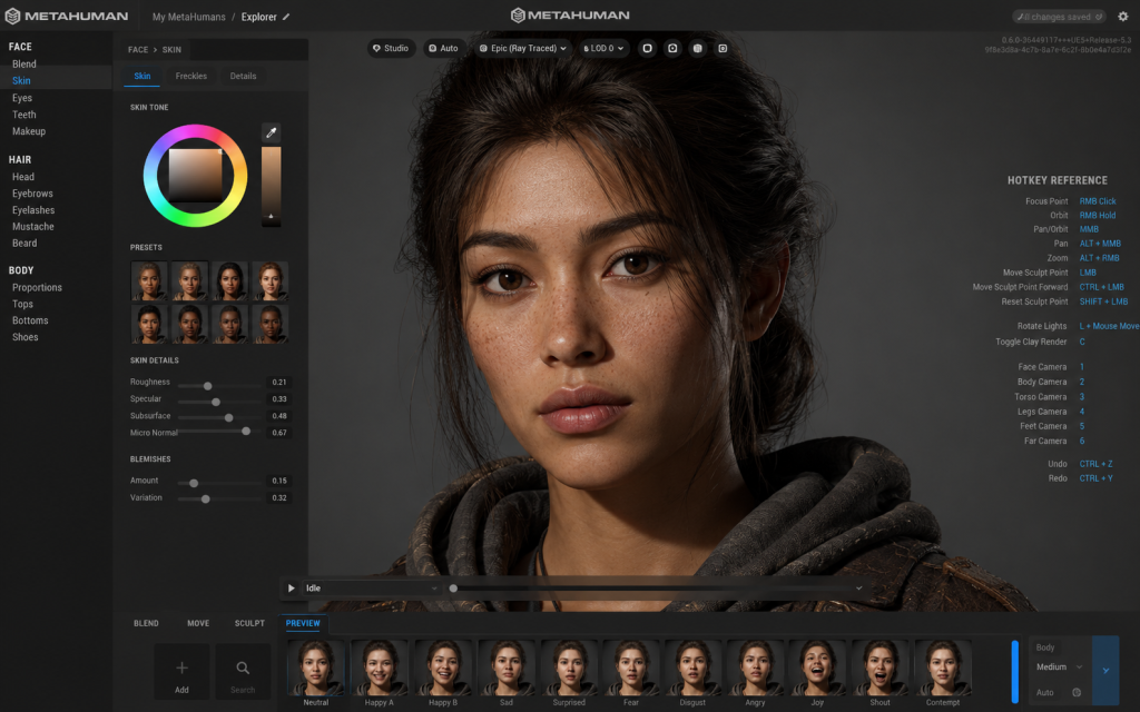 MetaHuman Creator in Unreal Engine 5 showing high-fidelity digital human character creation interface