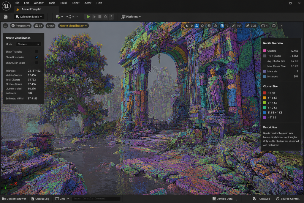 Nanite virtualized geometry visualization in Unreal Engine 5 showing cluster-level rendering detail on a high-polygon environment asset