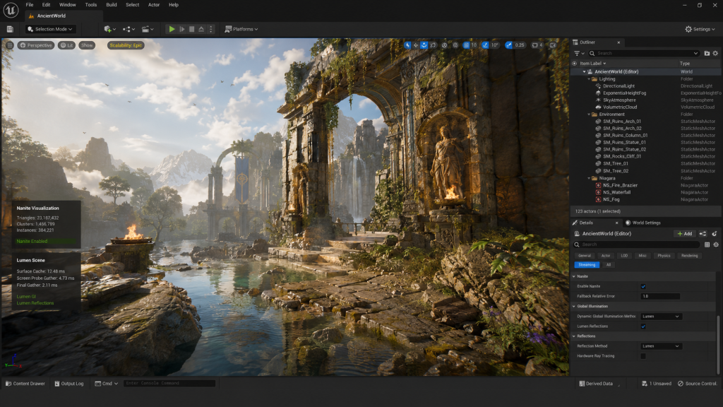 Unreal Engine 5 viewport showing Nanite virtualized geometry and Lumen global illumination in a game environment