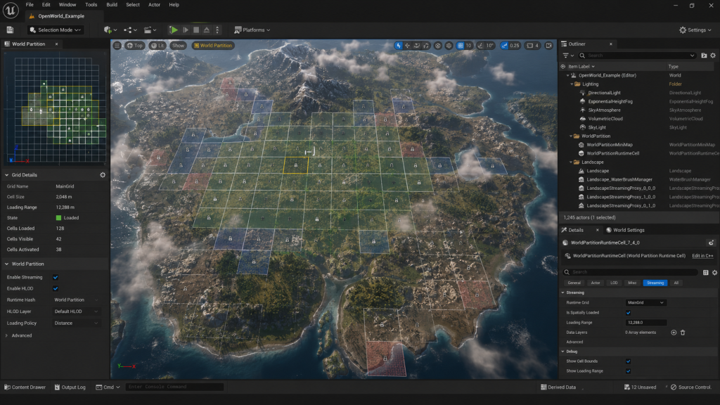 World Partition system in Unreal Engine 5 editor showing automatic world grid streaming for large open-world game development