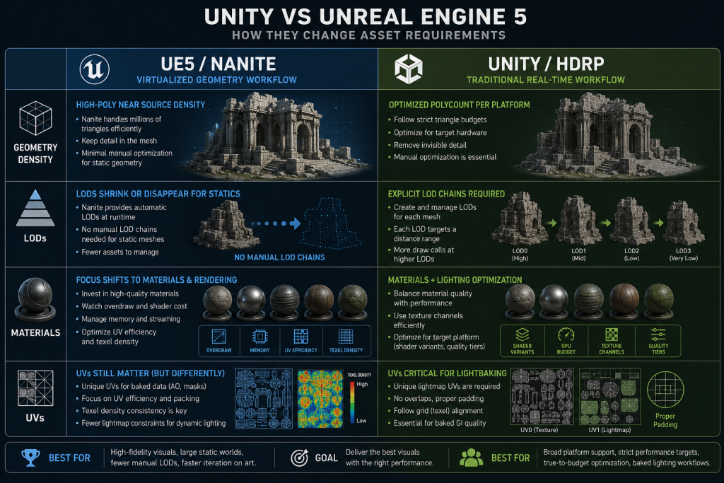 Diagram showing how Unity vs Unreal Engine 5 change polycount, LOD, and material requirements for game assets