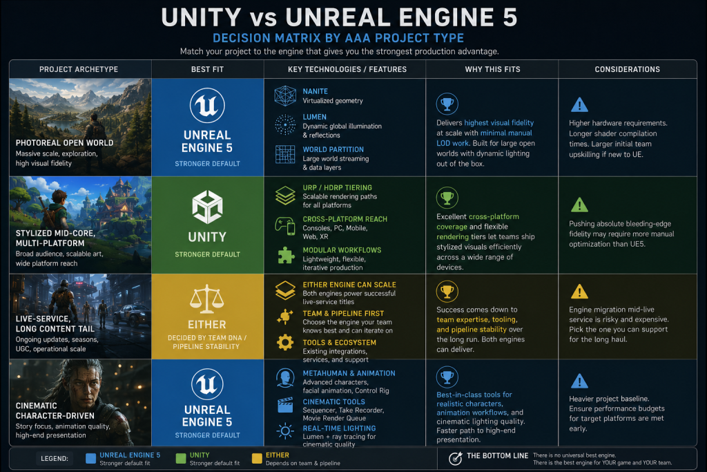 Decision matrix matching AAA project types to Unity or Unreal Engine 5 production scenarios