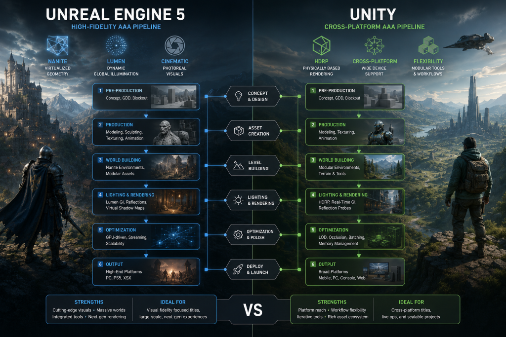 Unity vs Unreal Engine 5 comparison concept: two parallel AAA production pipelines side by sid