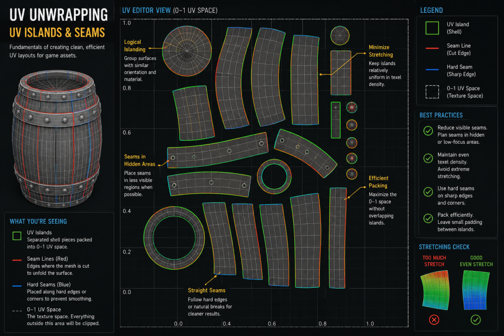Annotated diagram of UV islands and seam placement within the 0-1 UV space showing the fundamentals of UV unwrapping for game assets