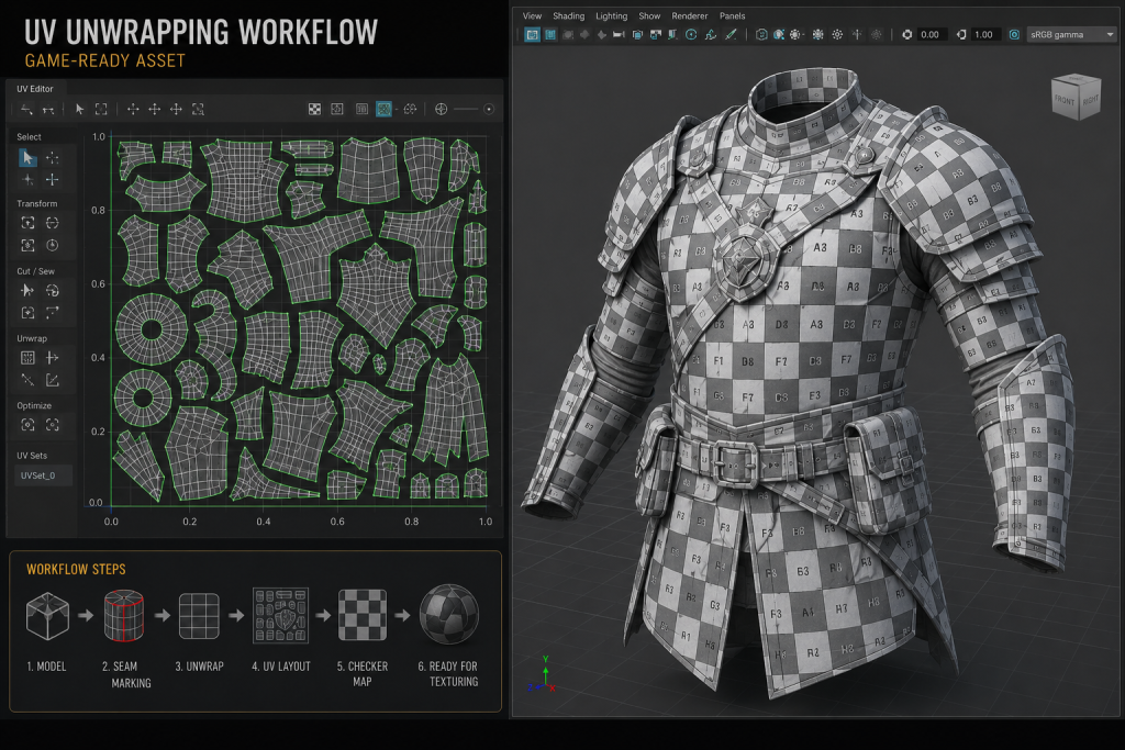 UV unwrapping workflow showing UV islands laid out in the 0-1 UV space with checkermap texture applied to a game-ready 3D asset