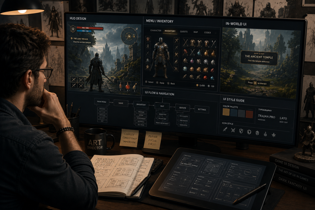 Art director reviewing UX design in games across a HUD, menu, and in-world UI layout on screen