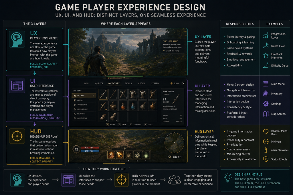 Diagram separating UX, UI, and HUD layers in game player experience design