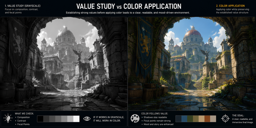 Value Study vs Color Alt: Value study and color application in game art environment production