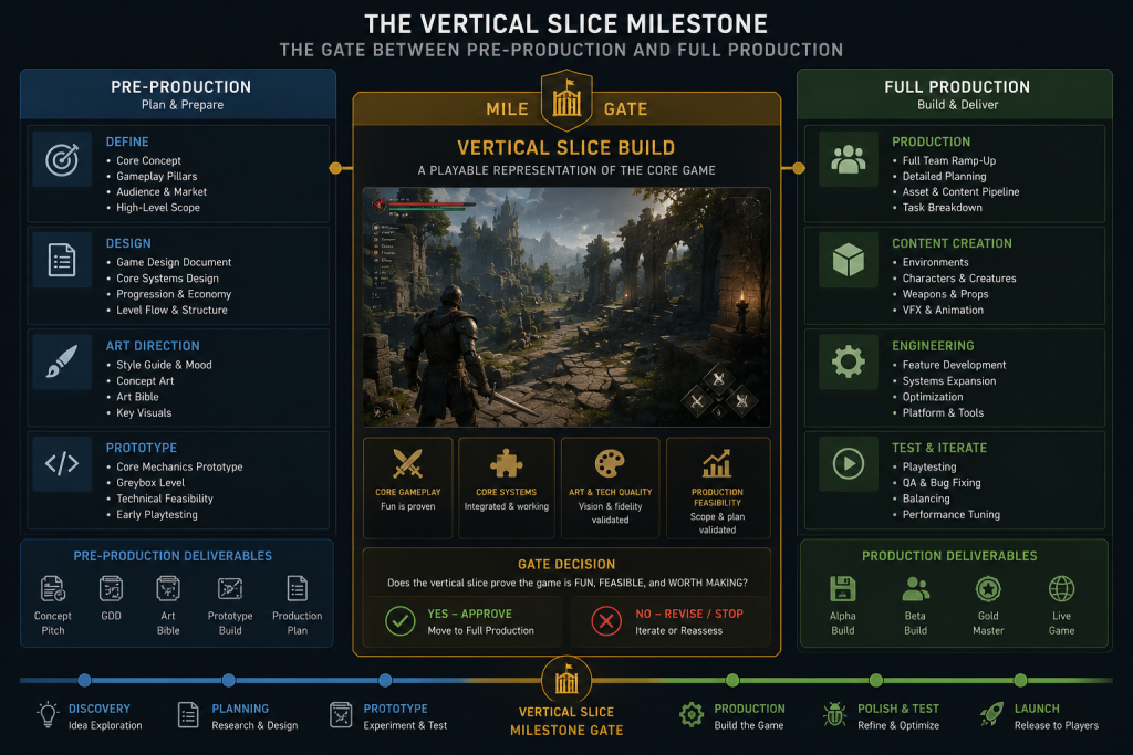 Vertical slice build shown as the milestone gate between game development pre-production and full production
