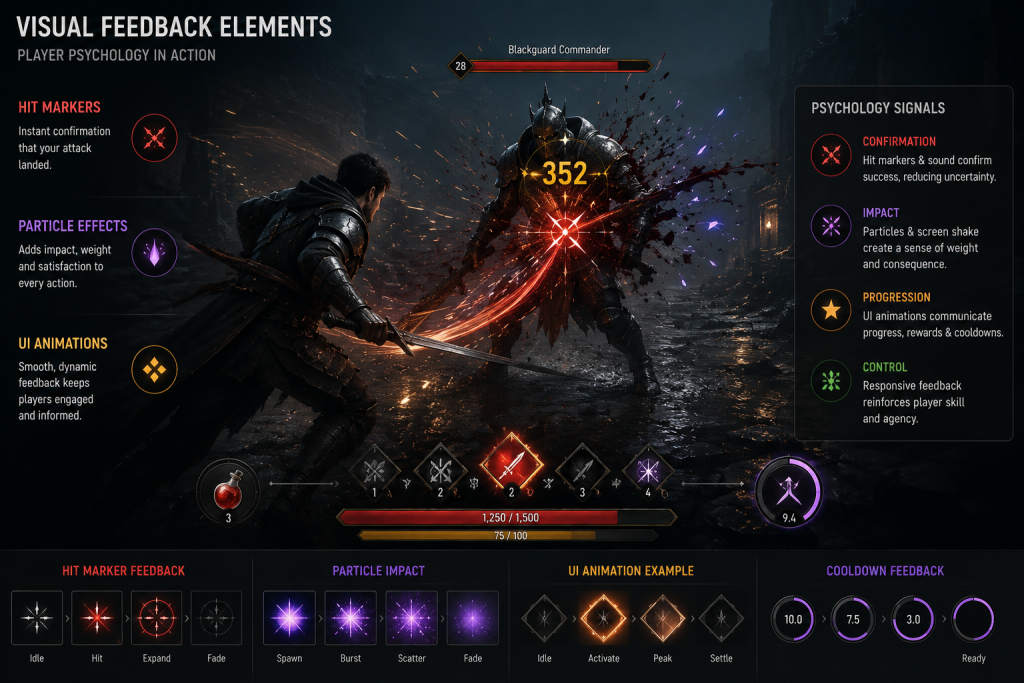 AAA-quality visual feedback elements including hit markers, particle effects and UI animation demonstrating player psychology signals in game interface art