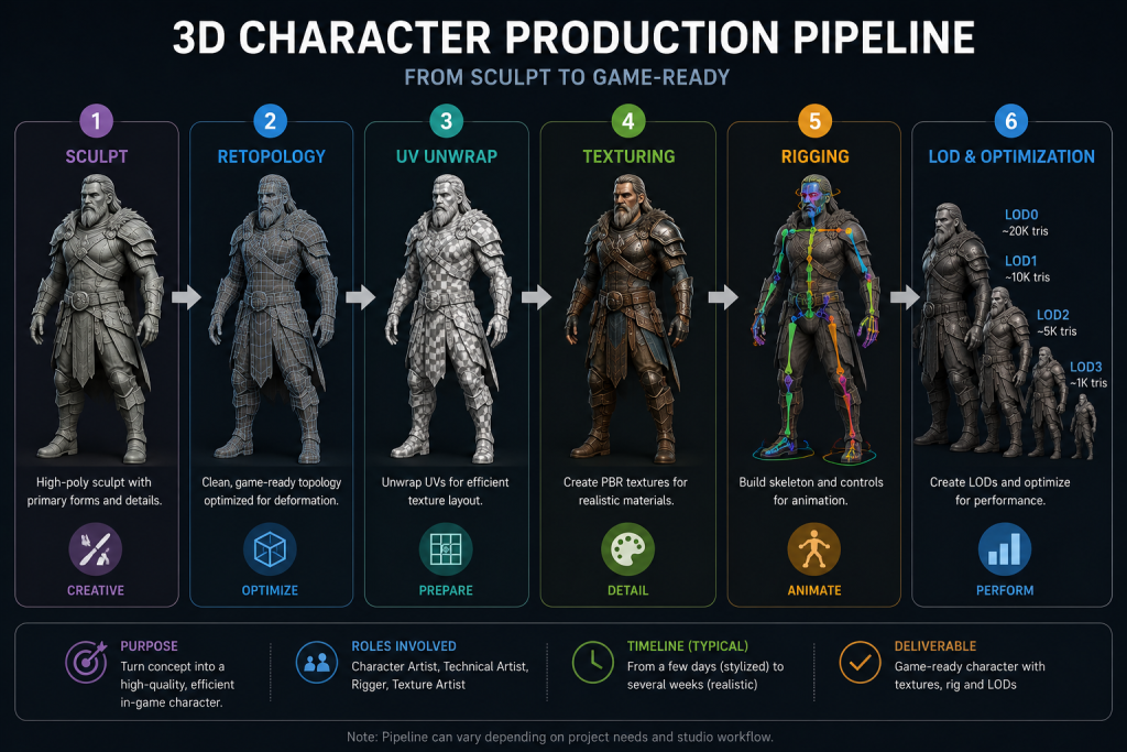 3D character production pipeline stages from sculpt to rig