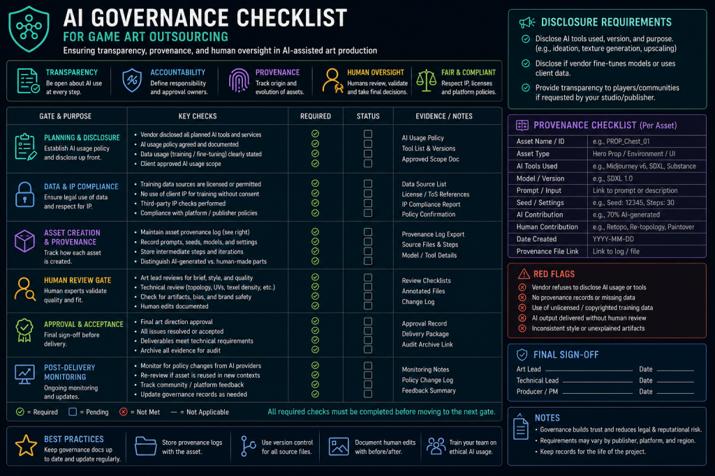 AI governance checklist for game art outsourcing showing disclosure, provenance, and human review gates