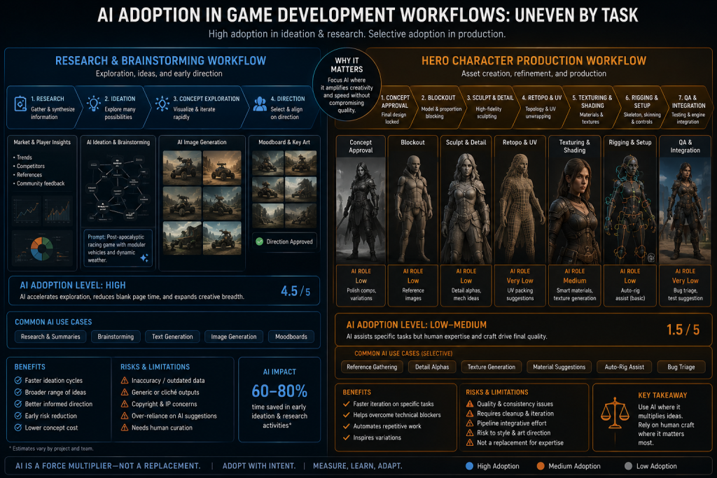 Split-panel comparison of a research and brainstorming workflow against a hero character production workflow, illustrating uneven generative AI adoption across game development tasks