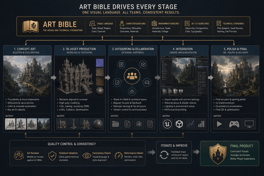 Production pipeline chart showing how an art bible governs concept art, 3D, and outsourcing stages